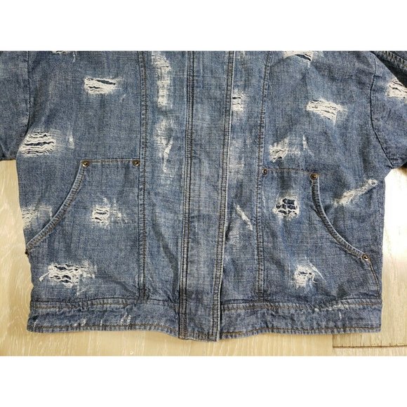 Free People Jean Jacket Women's LARGE Cotton Bomber Full Zipper Snap Distressed - Picture 2 of 10